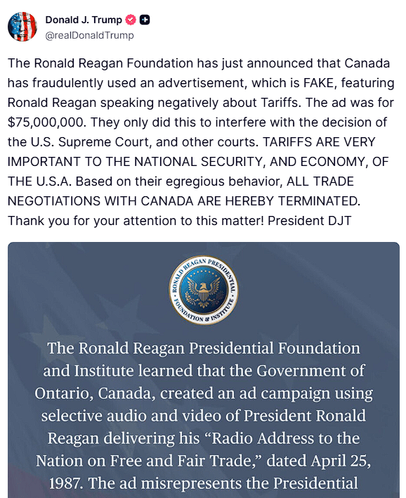 “终止所有与加拿大的谈判”！看电视看到“加拿大反关税广告”，特朗普怒了